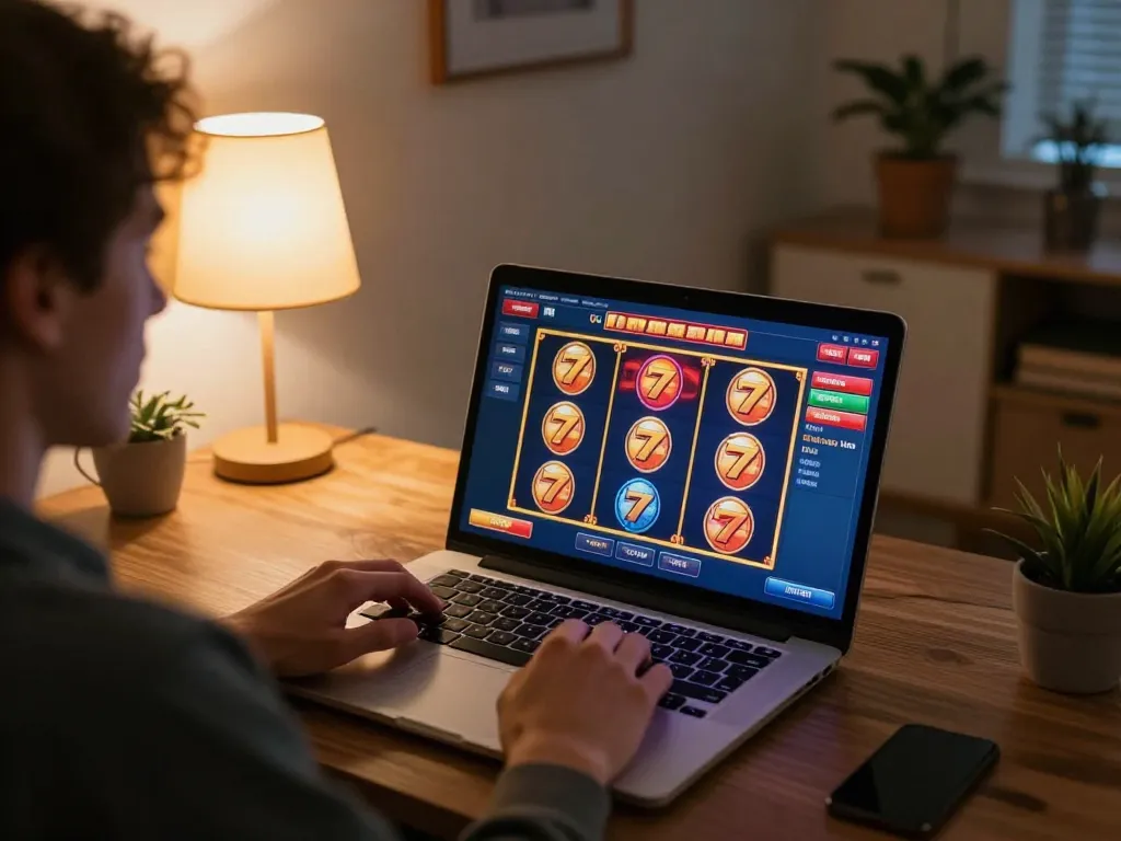 Engaging in a slot777 game on a laptop with vibrant visuals in a cozy home setting.