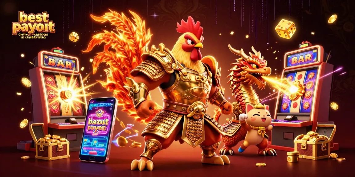 Explore the best payout online casinos in australia through a vibrant 3D casino scene with heroes and jackpots.