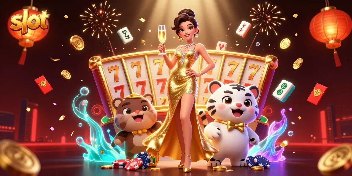 Play slots with a glamorous woman and a lucky white tiger cub in a vibrant casino scene