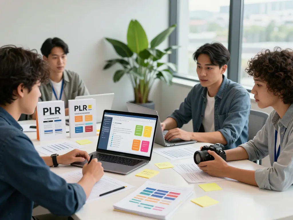 Team discussing PLR Digital Products for Sale strategies in a modern office setting.