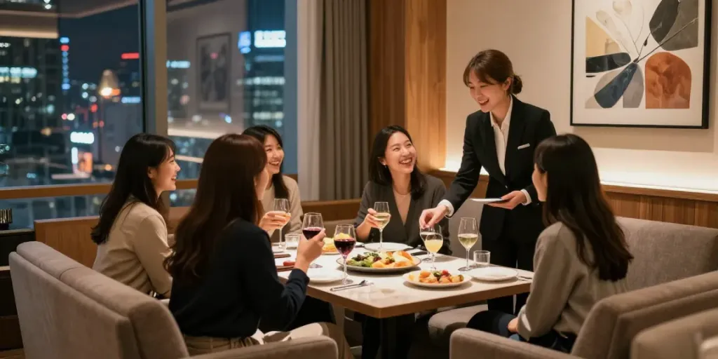 강남 구구단에서 친구들과 즐거운 시간을 보내는 모습, 독립된 룸에서 아늑한 분위기 연출