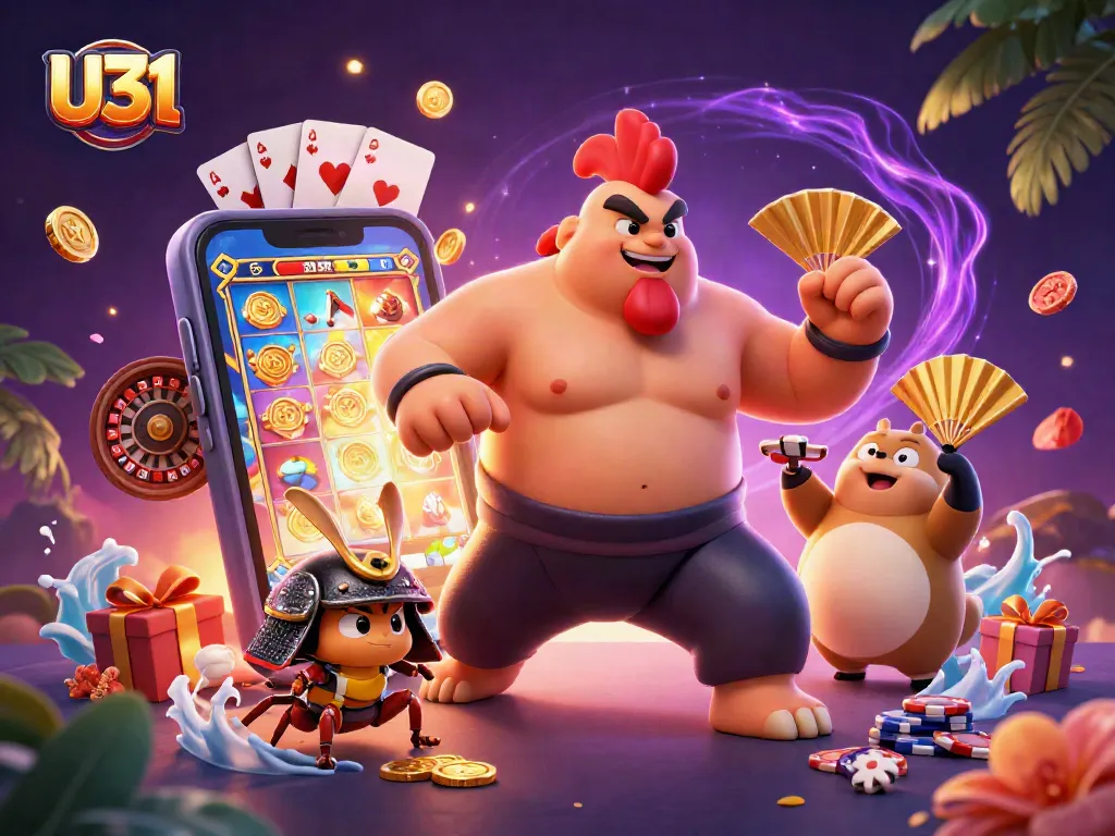 Spin to win big with U31 as a 3D sumo wrestler rooster and companions celebrate the excitement of casino gaming.