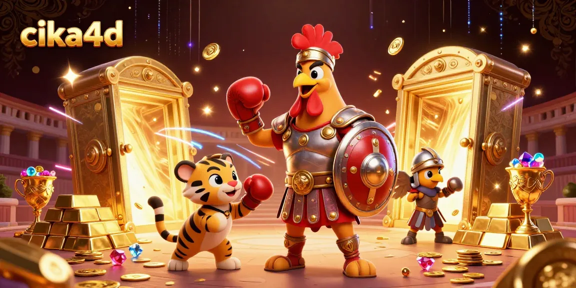 Cika4d showcases a vibrant illustration of a gladiator rooster and tiger cub amidst treasures in a dynamic casino scene.