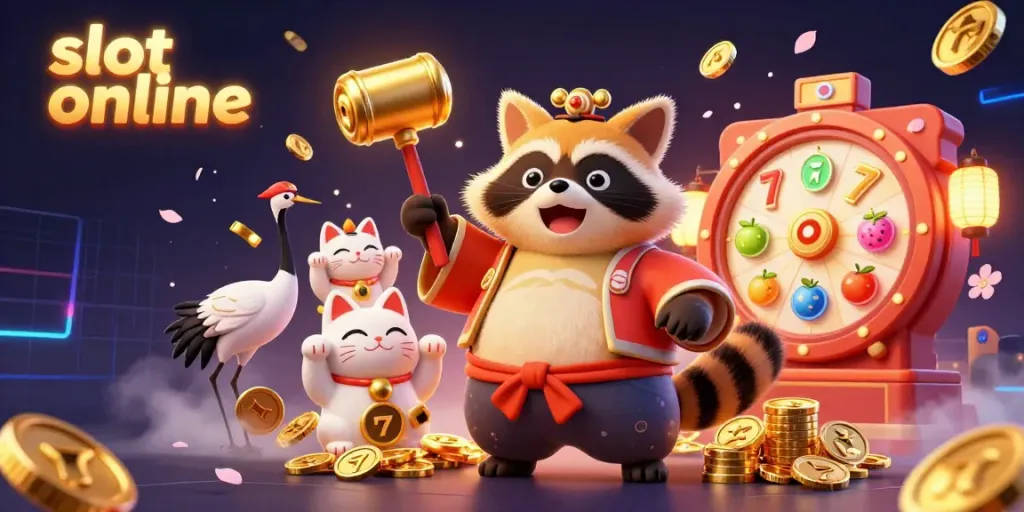 Spin vibrant slot online games with cheerful tanuki and lucky symbols in a lively casino scene.