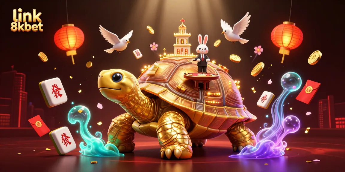 Win big with link 8xbet at the vibrant casino scene featuring tall golden tortoise and lively card games.