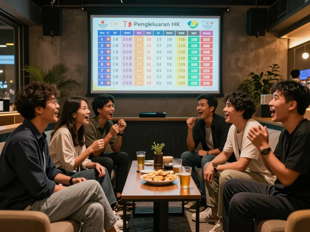 Players eagerly watching the latest Pengeluaran HK results on a large screen in a lively lounge.