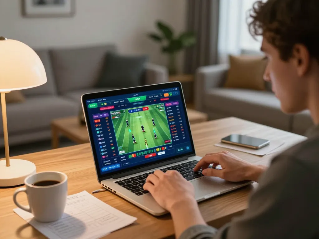 Engaged player using kim99 com for live sports betting on a cozy home setup
