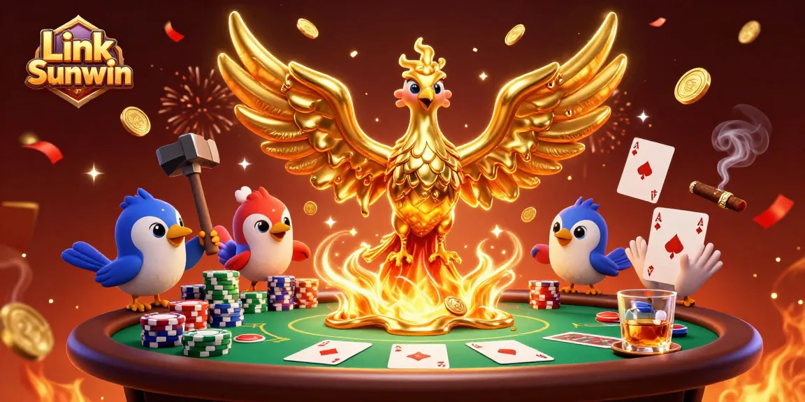 Link Sunwin portrays a vibrant casino scene with a phoenix and poker elements.