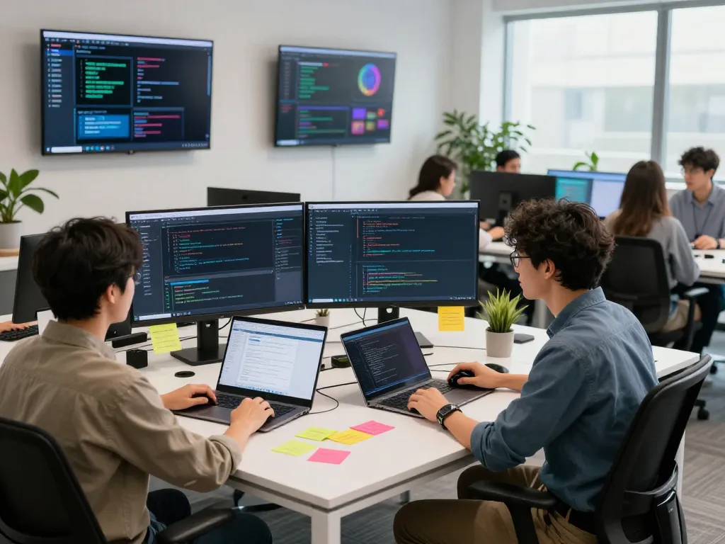 Moltbot AI developer coding in a vibrant office with dual screens displaying analytics and project progress, highlighting innovation.