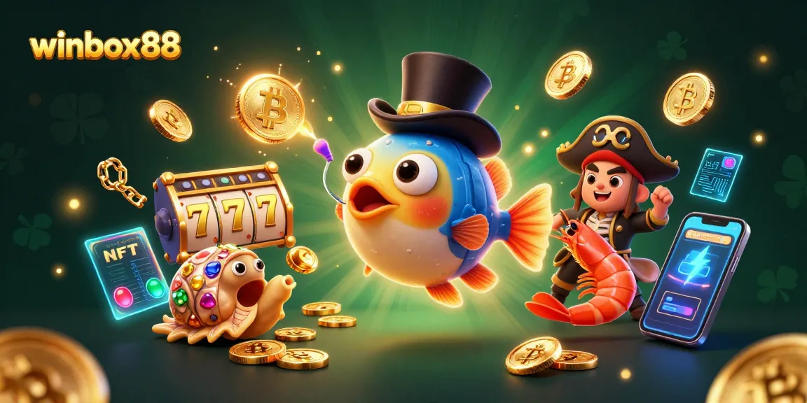 Winbox88 features an anglerfish attracting golden coins, showcasing thrilling slots and cryptocurrency elements.