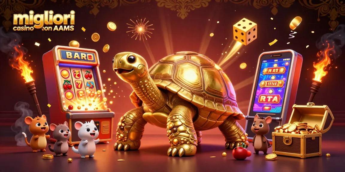 Eccitante scena di divertimento nei migliori casino non AAMS con una tartaruga d'oro e jackpot esplosivi di monete.