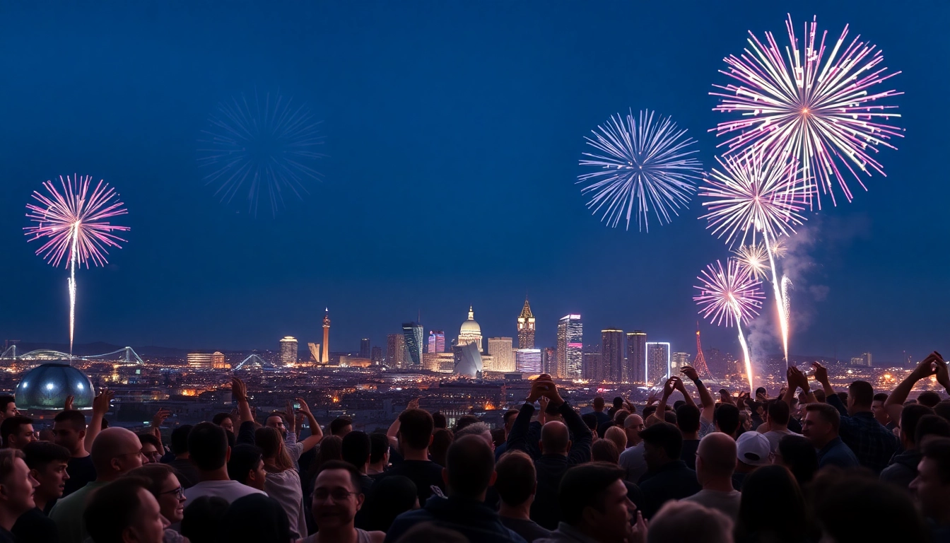 Crowd watching manchester fireworks illuminate the night sky with colorful bursts of light.