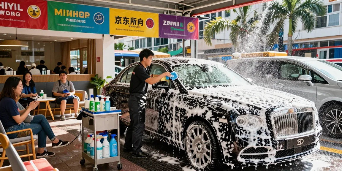 Best car wash Hong Kong scene featuring a detailer washing a luxury vehicle with vibrant surroundings.
