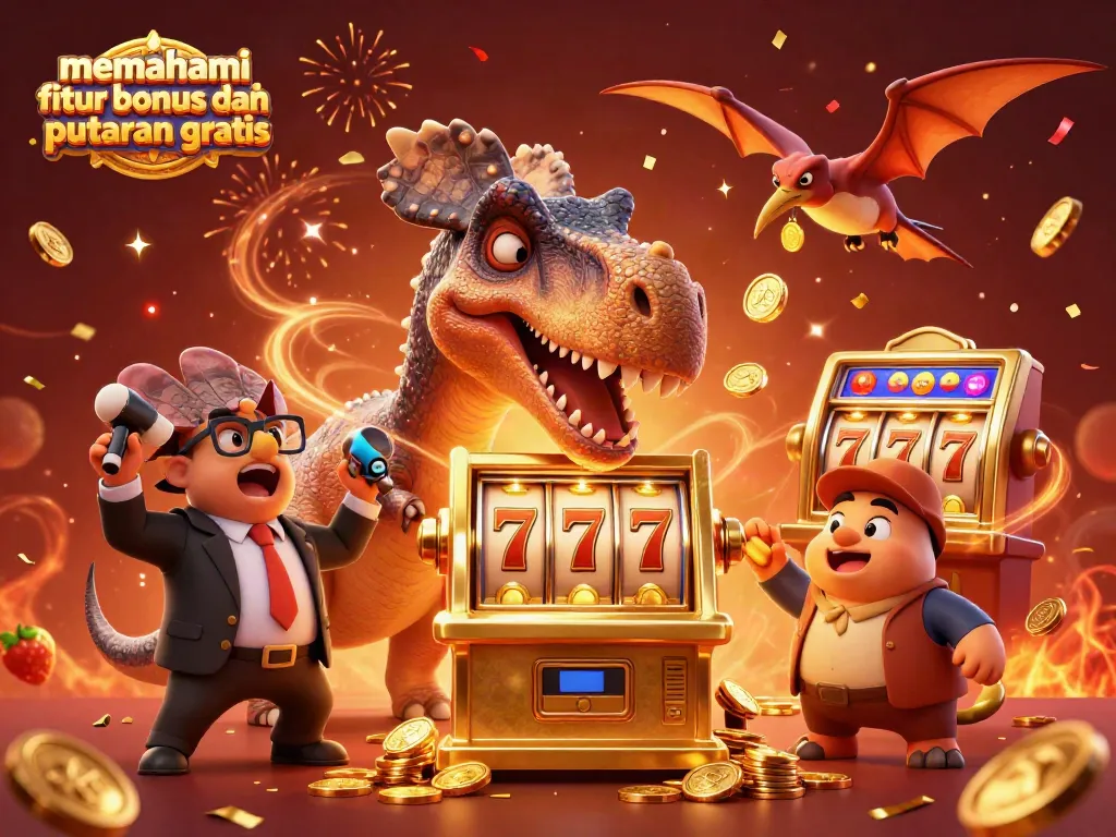 Memahami fitur bonus dan putaran gratis dalam slot, dinosaurus 3D merayakan jackpot dengan koin emas.