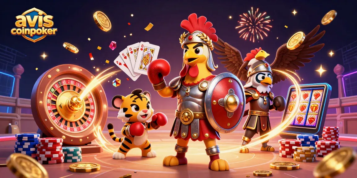 Explorez l'univers de CoinPoker avec cet avis coinpoker illustré présentant des jeux et des récompenses scintillantes.
