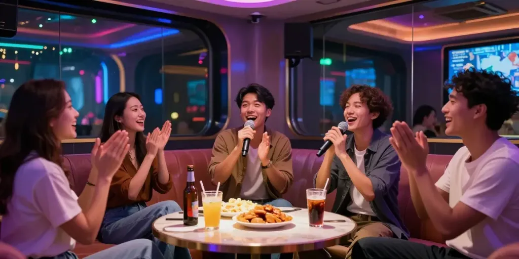 도파민 가라오케에서 친구들이 함께 즐거운 시간을 보내며 노래를 부르고 있는 모습