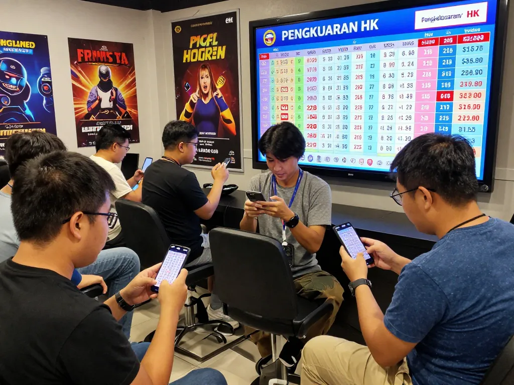 Players excitedly checking Pengeluaran HK results on mobile devices in a lively lottery gaming environment.