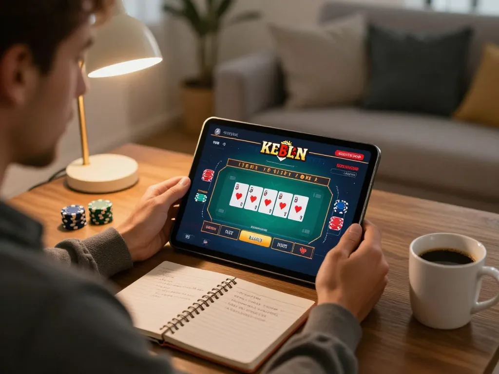 Player engaging with an online 包网 platform on tablet, showcasing poker game interface in a cozy home setting.