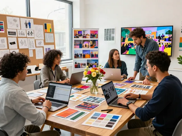 Event rental ksa team brainstorming in a creative event planning studio, showcasing lively collaboration.