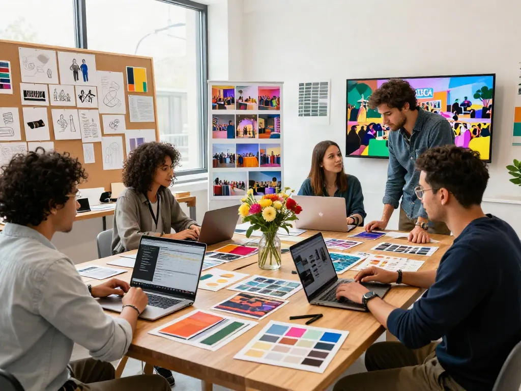 Event rental ksa team brainstorming in a creative event planning studio, showcasing lively collaboration.