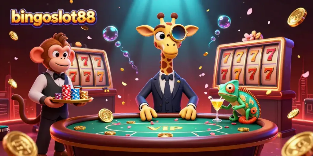 Memenangkan hadiah menarik dalam bingoslot88 dengan giraffe penggoda dan valet monyet di meja kasino.