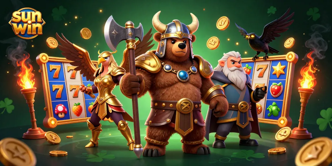 Experience exhilarating wins with sun win at a vibrant and dynamic casino-inspired scene featuring colorful slot machines and fantasy characters.