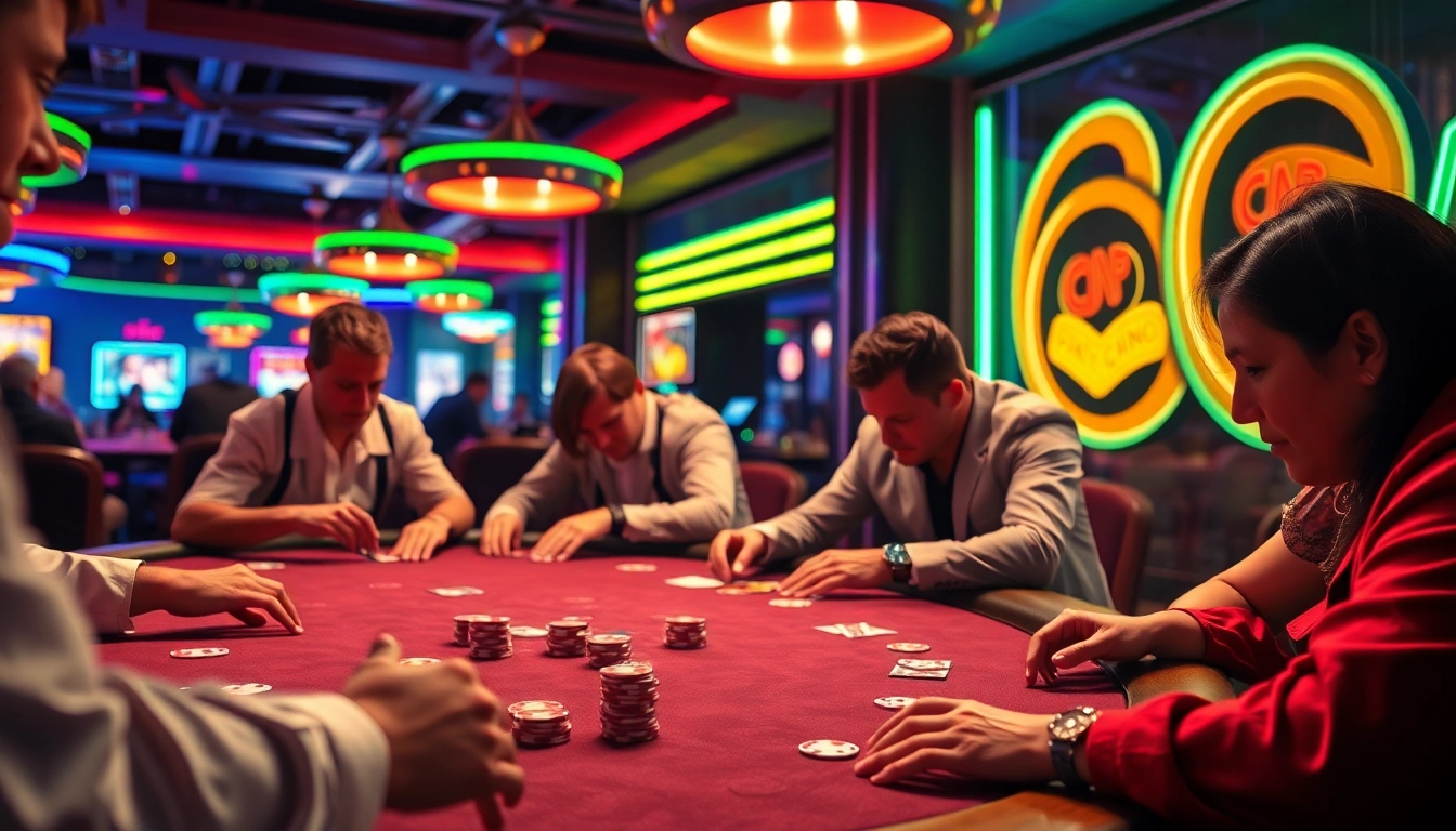Permainan poker yang seru dengan mole4d sebagai pusat perhatian dalam suasana kasino yang berwarna-warni.