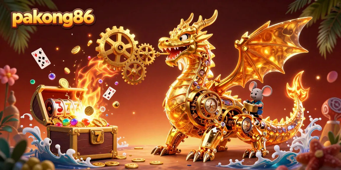 Engage with pakong86's vibrant gaming scene featuring a golden dragon amidst dynamic casino elements.