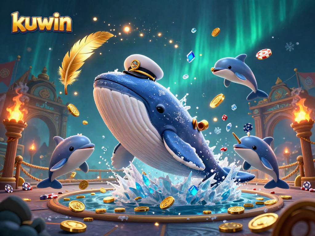 Kuwin offers thrilling casino adventures with a whale and playful dolphins in a vibrant sea of coins.