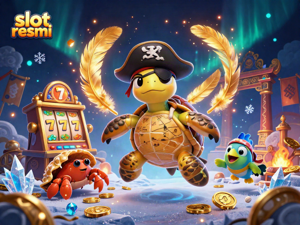 Engage with slot resmi adventures as a pirate turtle explores spinning reels among treasures.