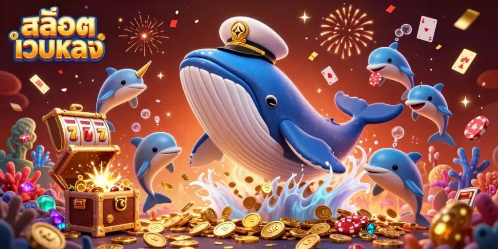 Experience thrilling fun with สล็อตเว็บตรง as a whale and dolphins play among gold and slot symbols.