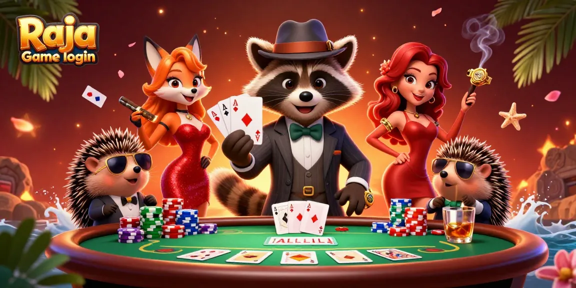 Experience Raja game login with a dynamic casino scene featuring charming characters and engaging game elements.