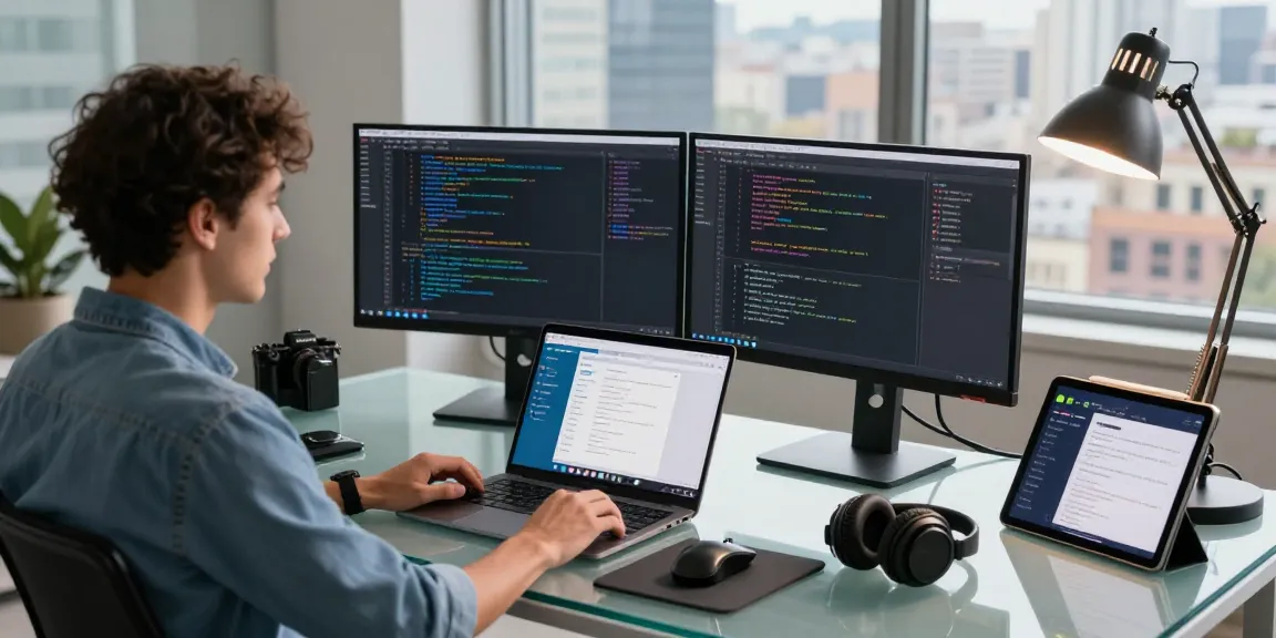 Dynamic workspace showcasing a developer working with Telegram applications, emphasizing technology integration and innovation.