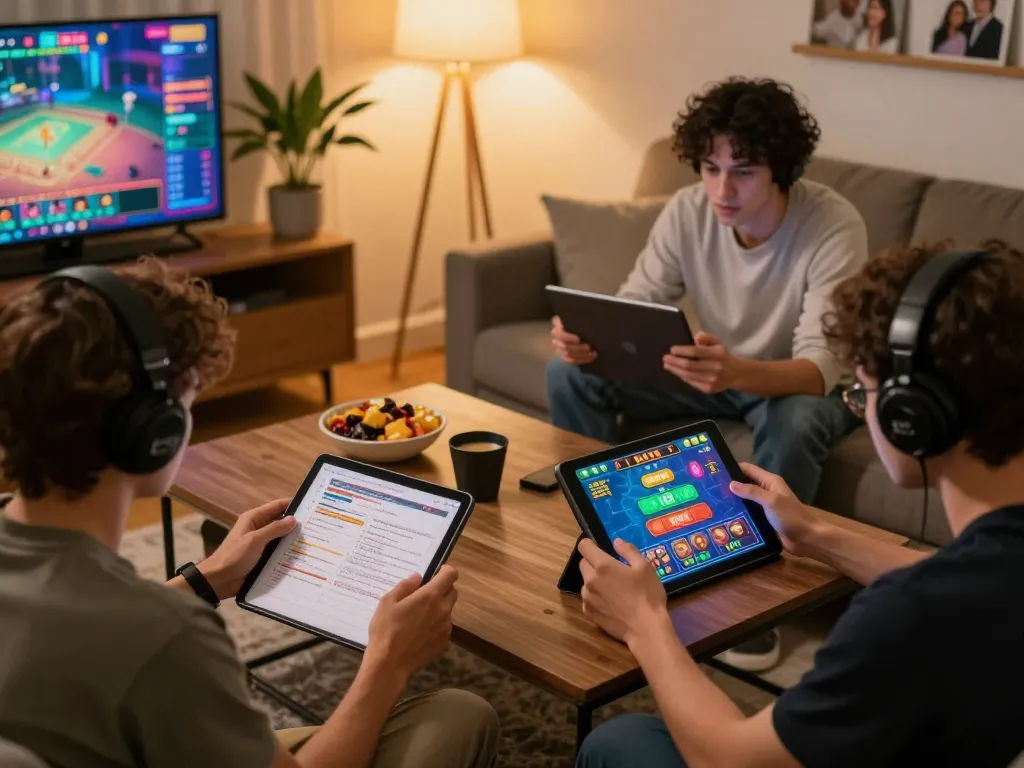 O8 player strategizing during online gaming session with tablet and betting notes.