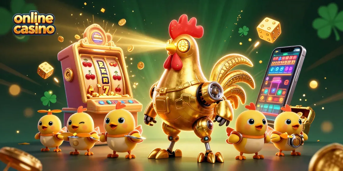 Engage in a thrilling online casino experience with a golden rooster robot amidst explosive jackpots.