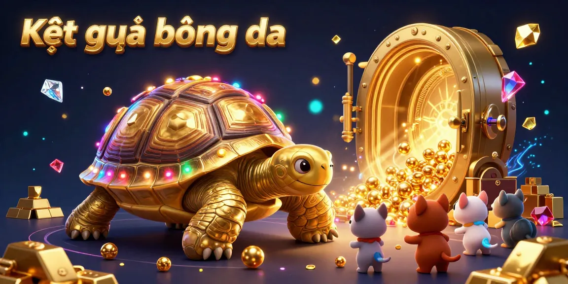 Kết quả bóng đá live updates illustrated with a golden tortoise pinball machine and treasure elements for a vibrant gambling scene.