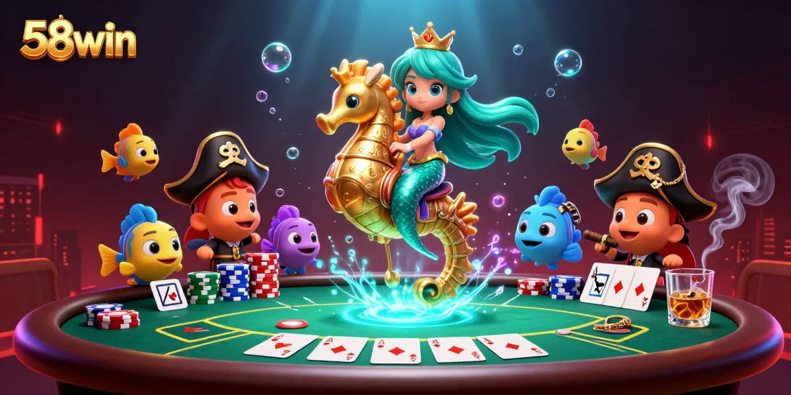 Experience exciting gaming adventures with 58win's vibrant underwater casino scene featuring a mermaid and poker elements.