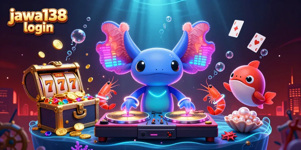 Bermain di jawa138 login sambil merayakan kemenangan dengan DJ axolotl dan segerombolan udang menari.