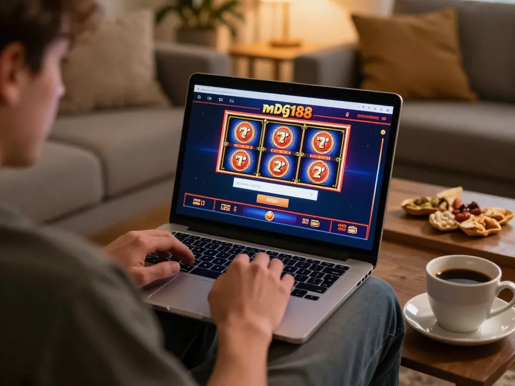 Player using mdg188 login to access online slot machines in a cozy living room setting