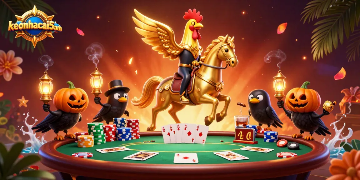 Engage with keonhacai5nam in a dynamic casino atmosphere featuring a vibrant golden rooster and poker elements.