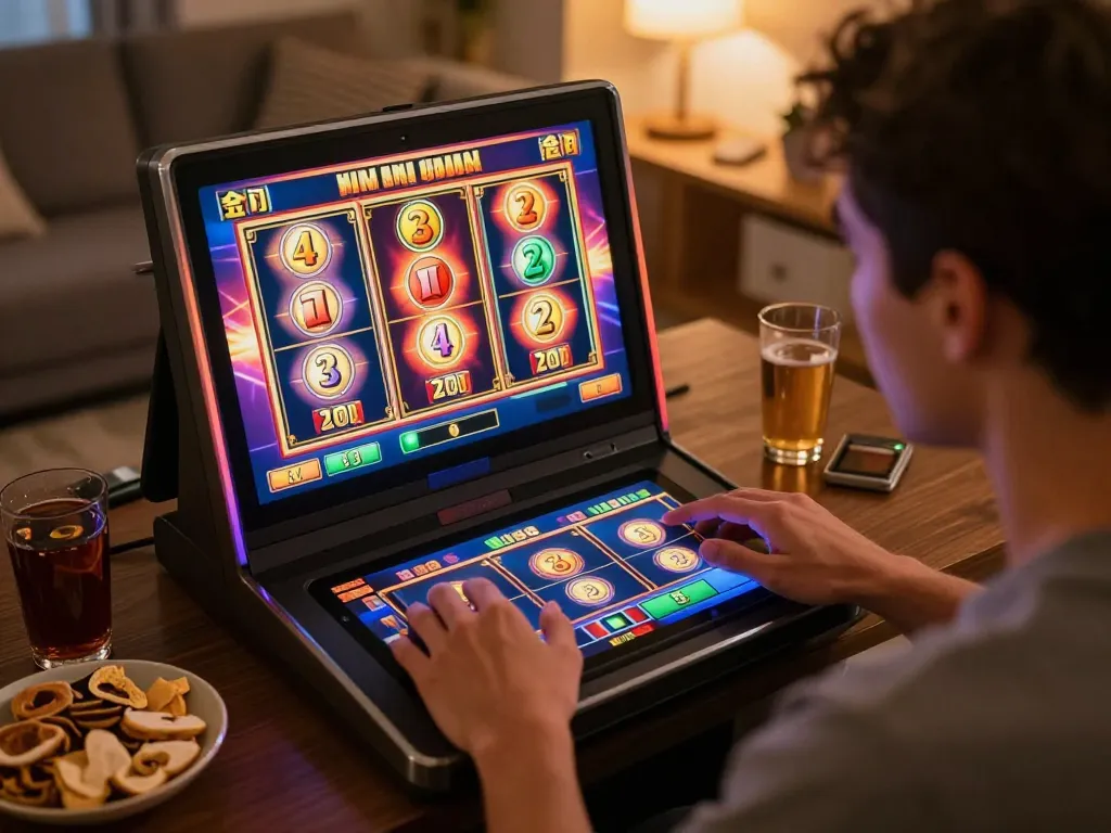 KJC player engaging with exciting slot machine game at home, showcasing vibrant gameplay and cozy environment.