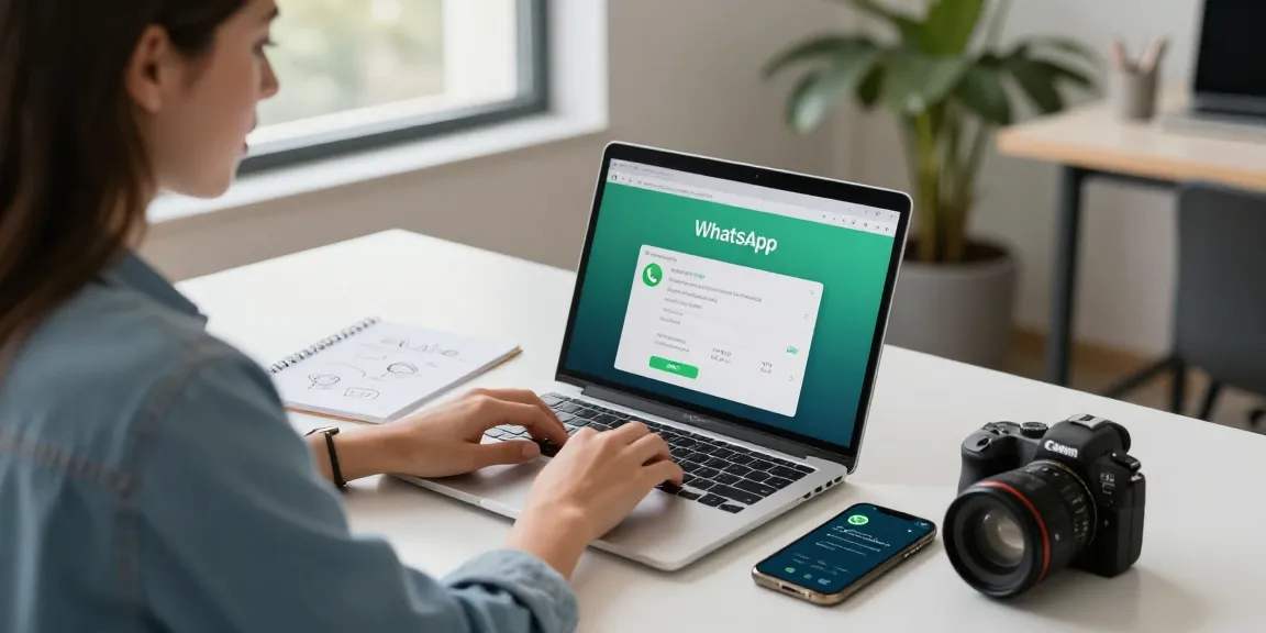 WhatsApp下載 interface on a laptop with professional in a bright workspace, highlighting effective communication.