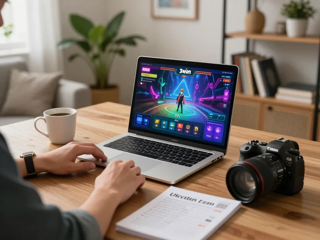 Engaging in a 3win game on a laptop in a cozy home setting with strategy notes.