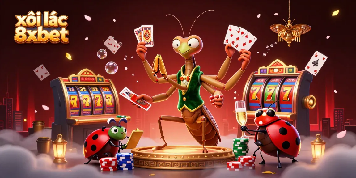 Experience thrilling gameplay with xôi lạc 8xbet as a giant mantis deals cards amidst vibrant casino elements.