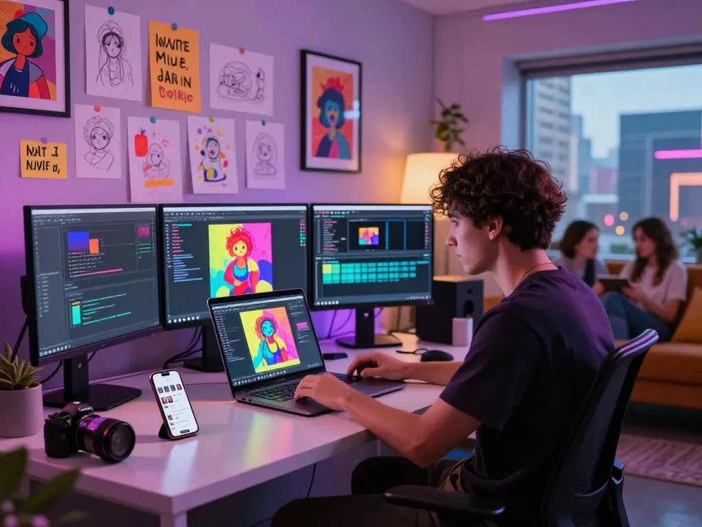 Creative workspace showcasing vibrant NSFW AI content creation with diverse digital elements and energetic atmosphere.