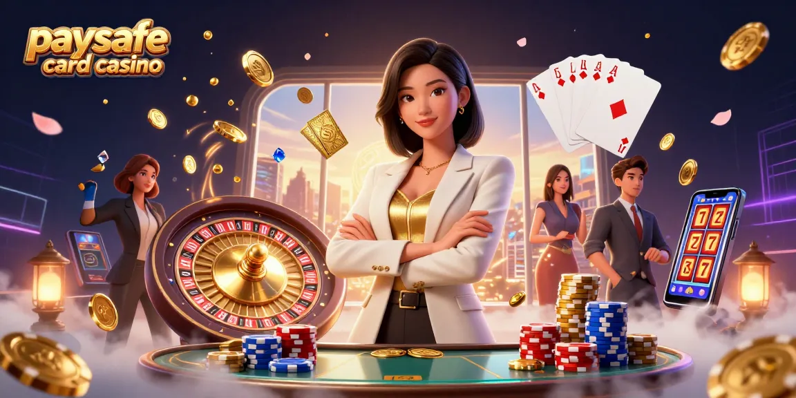 Erleben Sie die Aufregung des Paysafe Card Casinos mit einer beeindruckenden 3D-Illustration, die eine kraftvolle Geschäftsführerin zwischen lebhaften Casino-Elementen zeigt.