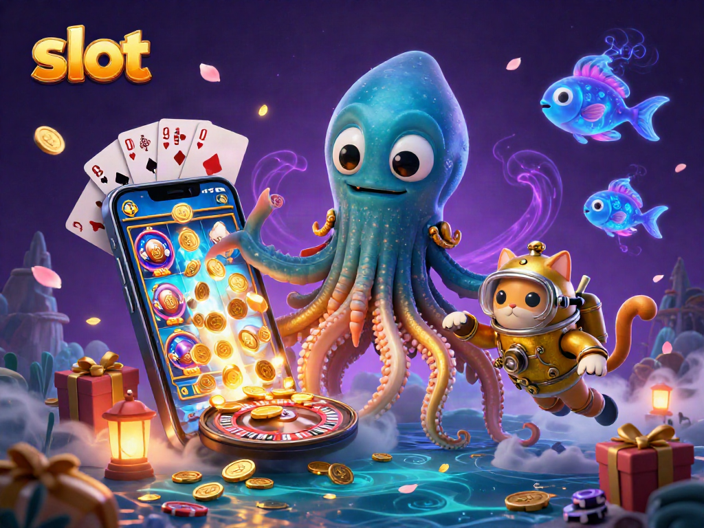 Spin the slot reels and win big with the kraken and diving cat in a captivating casino scene.