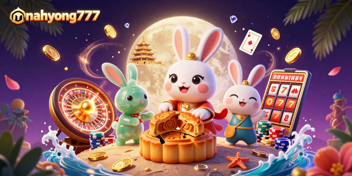 Experience thrilling gameplay with mahyong777, featuring a vibrant scene of moon rabbits and casino elements.