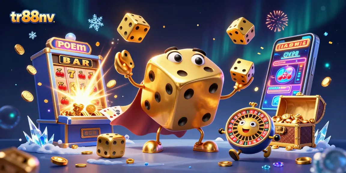 tr88nv showcases a vibrant casino scene with a golden dice golem amidst flying jackpots and game symbols.