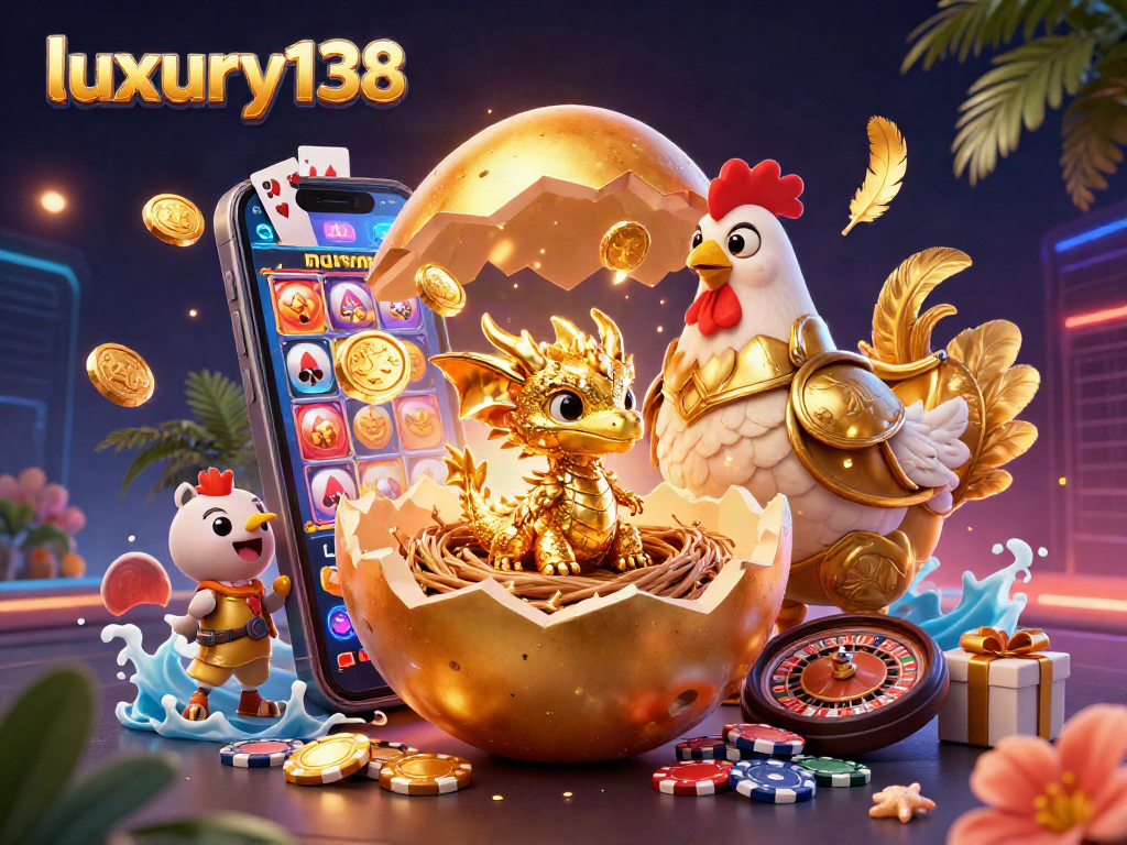 luxury138 menampilkan ilustrasi kasino digital dengan naga emas di atas chip poker.